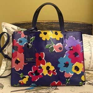 Kate Spade Sam Wildflower Bouquet Medium Leather Satchel—Blue